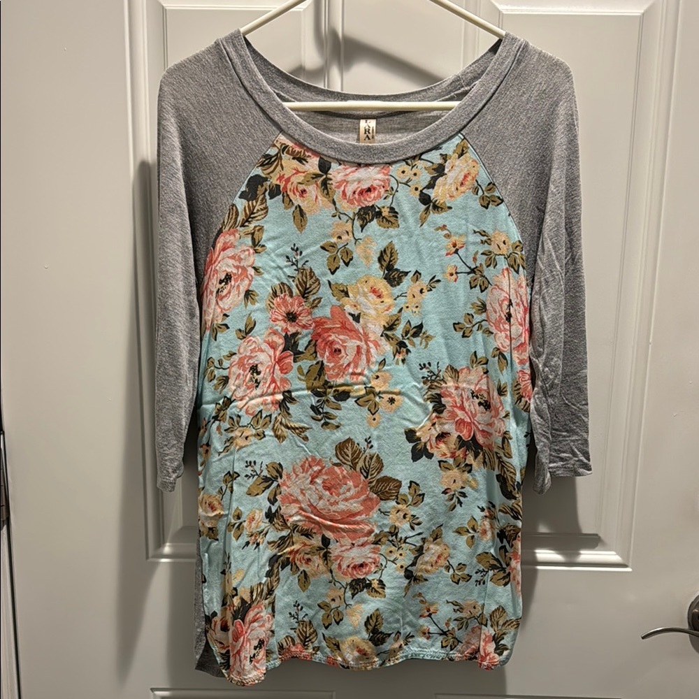 LARA Fashion Gray and Pink Raglan Tunic Top